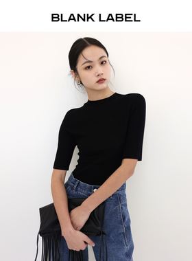 BLANK LABEL 极简高级100%精纺羊毛白色打底针织衫女内搭上衣秋冬