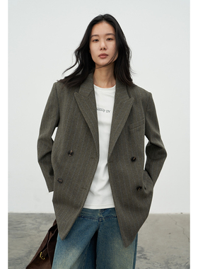 BLANK LABEL西装女羊毛混纺短绒条纹毛呢西服外套春秋季2025新款