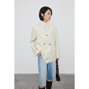 斜纹肌理垫肩无领西装 外套女秋冬设计感廓形休闲西服 LABEL BLANK
