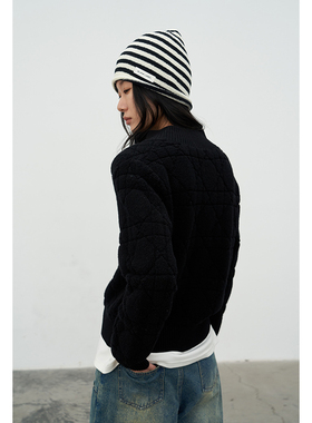 BLANK LABEL针织帽2025秋冬新款16支圈圈纱黑白条纹冷帽复古帽子