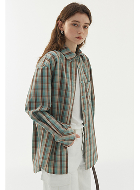 BLANK LABEL水洗棉色织格子长袖衬衫女2025春秋休闲外套宽松上衣