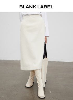 BLANK LABEL极简高级高腰加厚羊羔毛温柔白色a字半身裙秋季中长裙