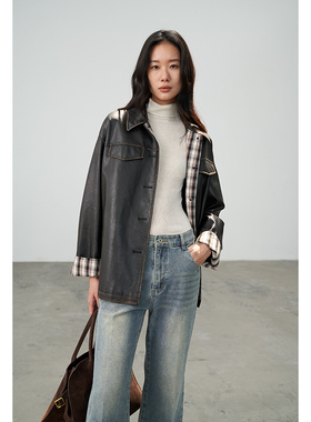 BLANK LABEL复古PU皮拼接黑色皮衣外套女春秋季2025新款短款夹克