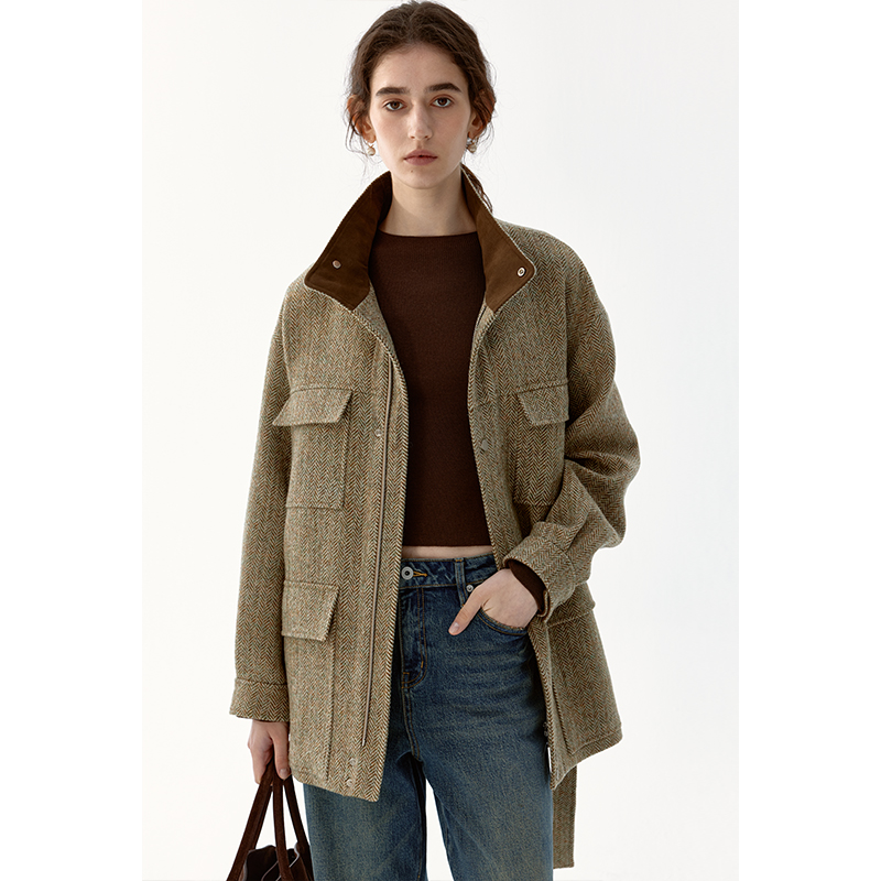 毛呢拼麂皮复古休闲外套女大衣