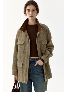 BLANK LABEL人字纹全毛毛呢拼麂皮复古外套女秋冬季工装夹克大衣