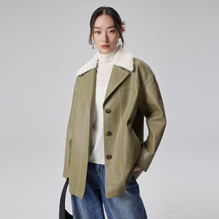 机车外套 极简高级可拆卸毛领宽松廓形PU皮衣女秋冬季 BLANK LABEL