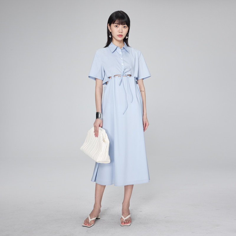 BLANK LABEL 极简高级匹马棉两截式绑带设计感短袖衬衫连衣裙女夏