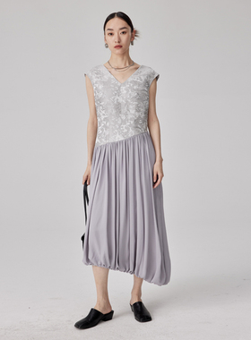 BLANK LABEL 极简高级双面花卉拼接细麻透气面料长款夏季连衣裙女