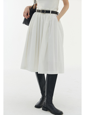 BLANK LABEL精梳棉白色抽褶a字半身裙女2025新款春夏遮肉中长裙子