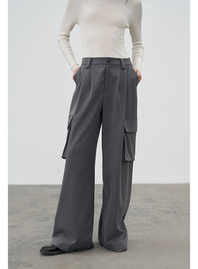BLANK LABEL羊毛斜纹精纺绒感工装裤女阔腿长裤秋冬季新款休闲裤