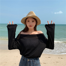 锁骨露肩一字肩针织女长袖打底衫1