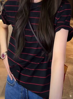 美式潮牌撞色红条条纹短袖t恤女夏季新款时尚宽松百搭显瘦上衣ins