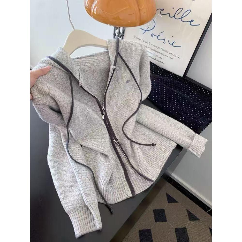 双拉链灰色连帽长袖针织开衫毛衣外套女2025新款慵懒风高级感上衣