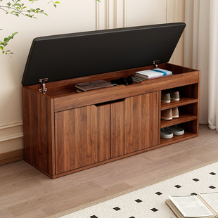 2025新款中式胡桃木实木换鞋凳门口家用可坐鞋柜软包坐凳一体坐凳