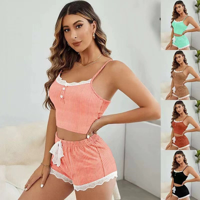 Sexy lingerie camisole shorts lace border girls' pajamas set