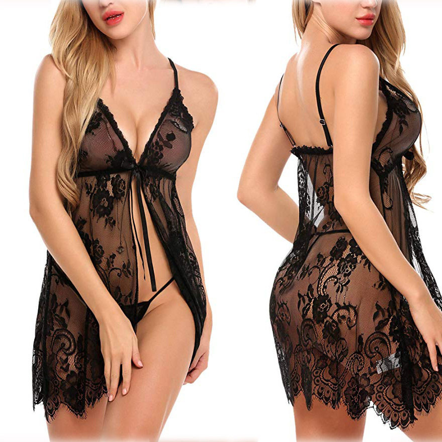 Sexy lingerie lace see through suspender nightgown set 睡衣