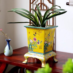 景德镇陶瓷花盆手绘珐琅彩阳台装饰花卉盆栽古典风纯手工方形瓷器
