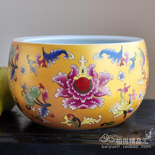 新品景德镇陶瓷器聚宝盆鱼缸黄色描金水浅乌龟缸茶洗玄关摆件
