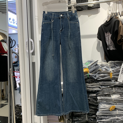 恒木子3680抽绳高腰四面弹喇叭裤女2025秋韩版宽松显瘦筒喇牛仔裤