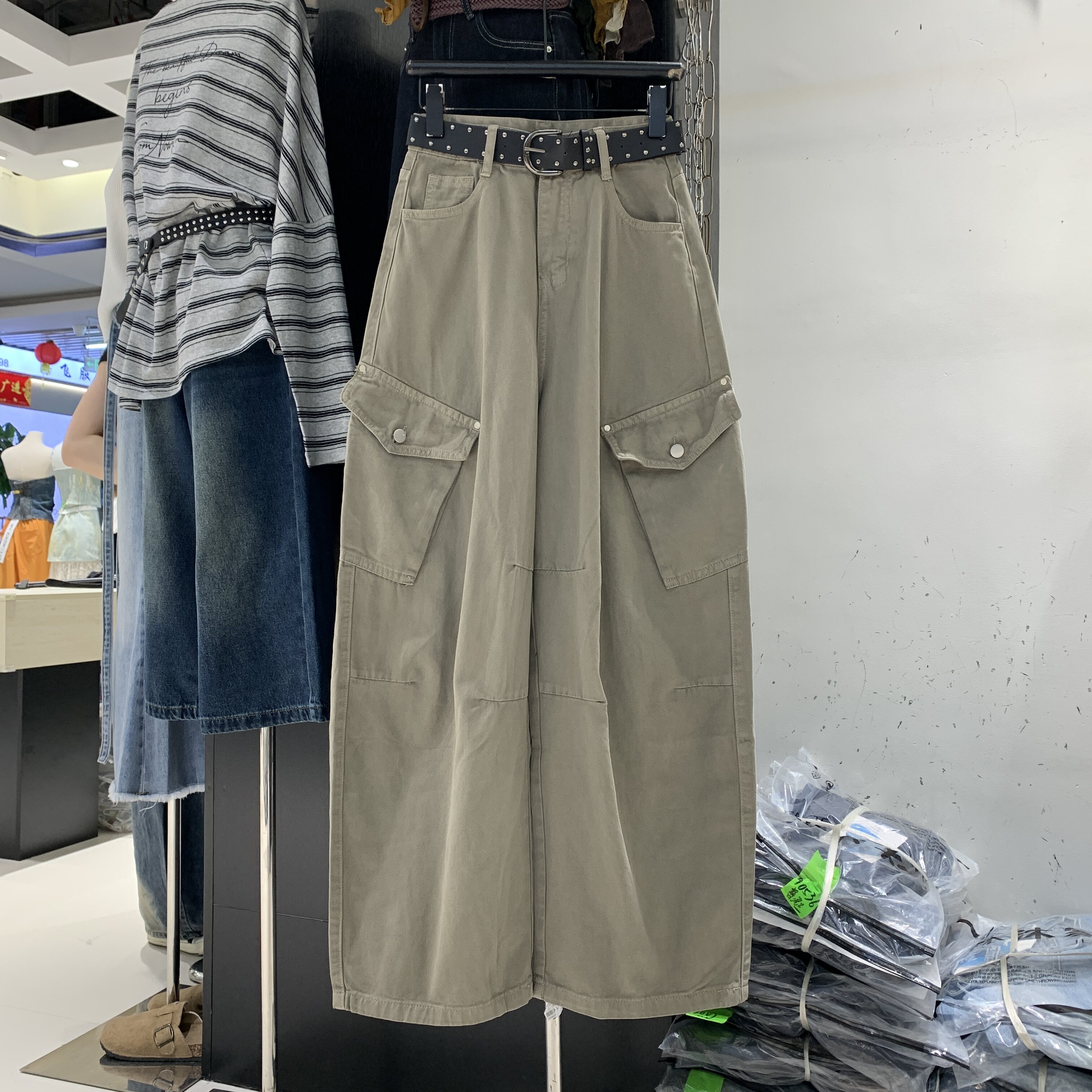 沐沐家90658大口袋阔腿工装裤女秋款洋气百搭高腰显瘦休闲牛仔裤