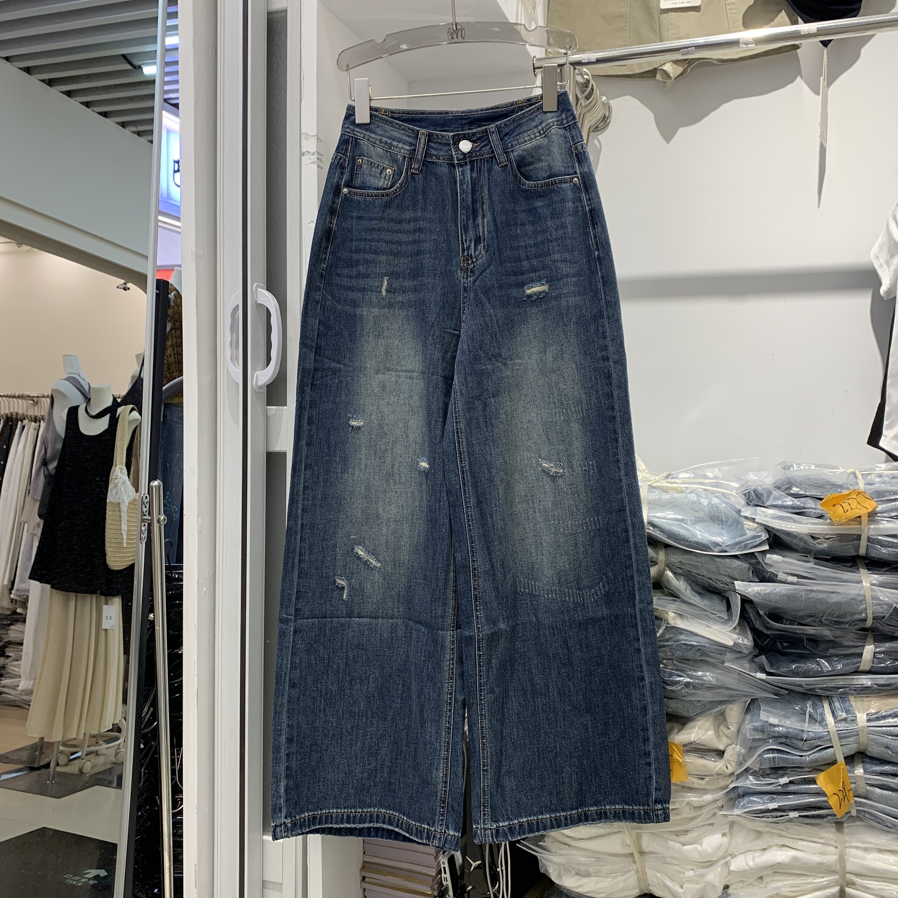 恒木子2332夏季韩版气质百搭高腰显瘦设计破洞拖地阔腿裤牛仔裤女