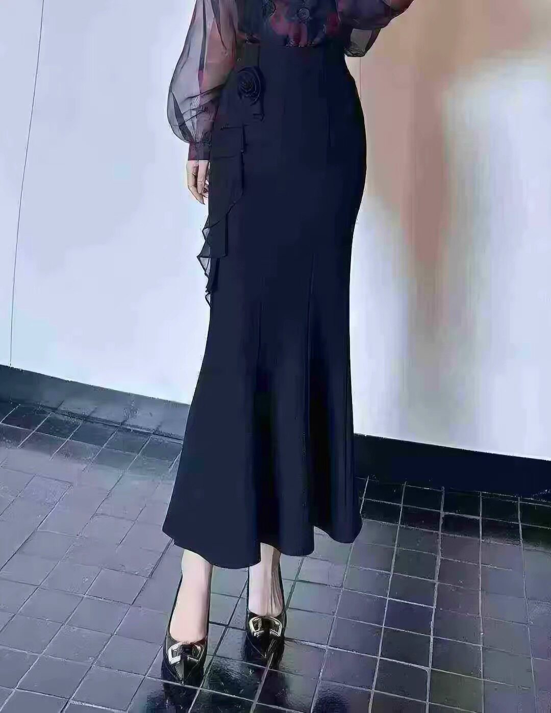堂熙泉71009立体花朵西装鱼尾半身裙女秋款高腰显瘦中长裙气质裙