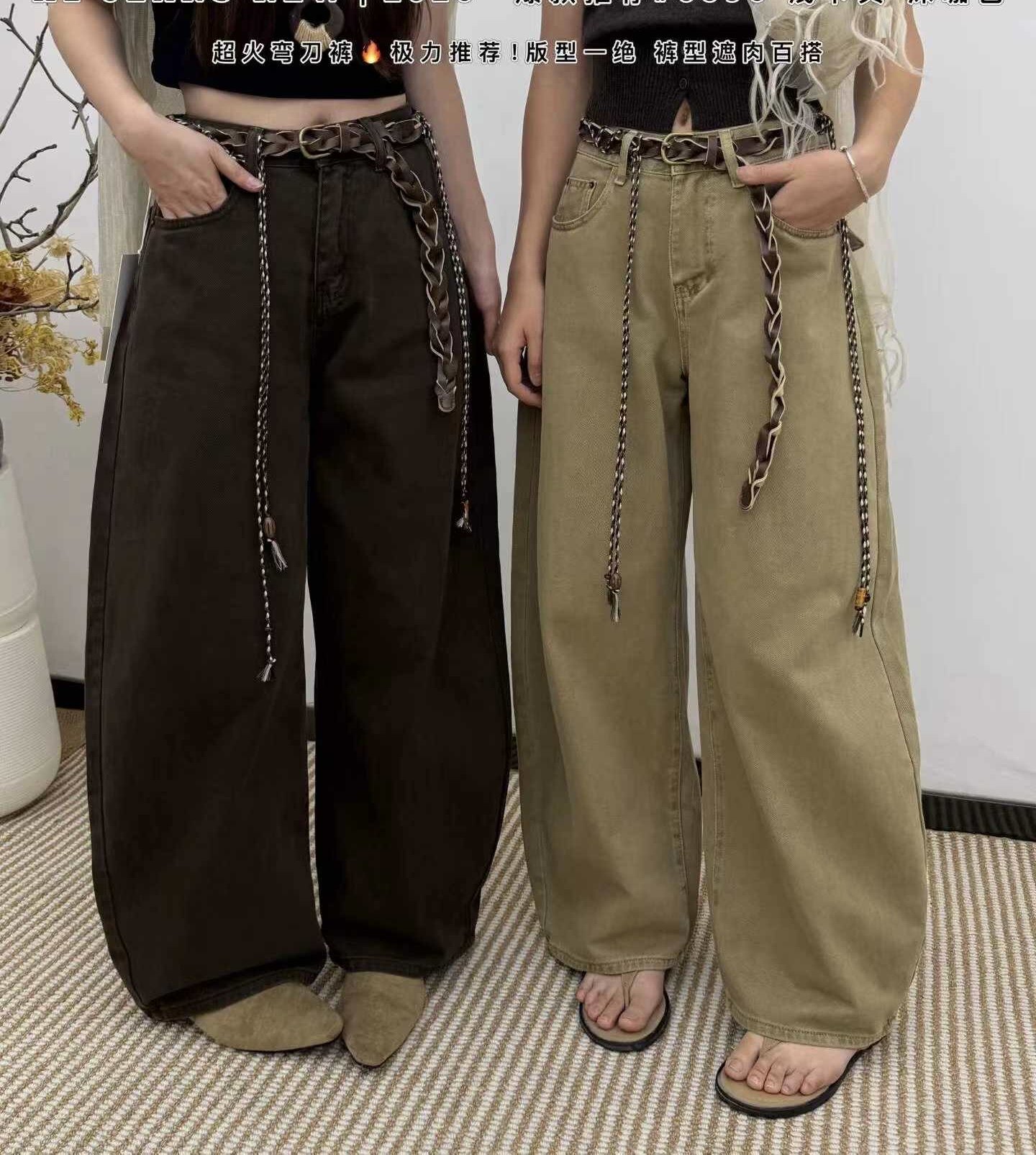 恒木子2591欧货新款配编织腰带宽松阔腿弯刀裤女设计感洋气牛仔裤