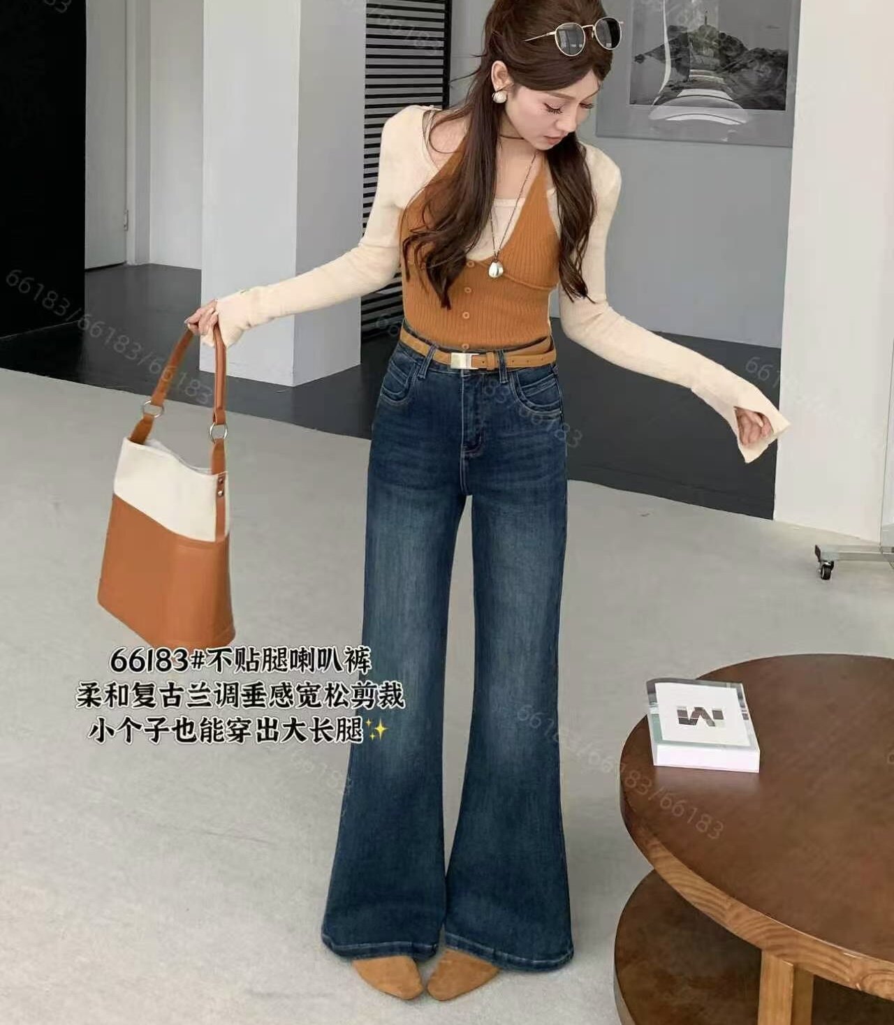 CGZ潮公主66183秋季新款深蓝色筒喇牛仔裤女高腰显瘦不贴腿喇叭裤