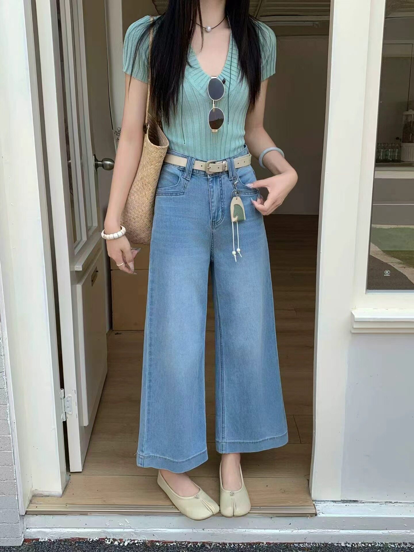 卡D7759韩系高腰直筒九分牛仔裤女夏季薄小个子窄版阔腿裤休闲裤