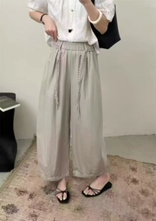 泓洛菲3363欧货2026夏松紧腰抽绳蕾丝花边休闲裤女直筒阔腿九分裤