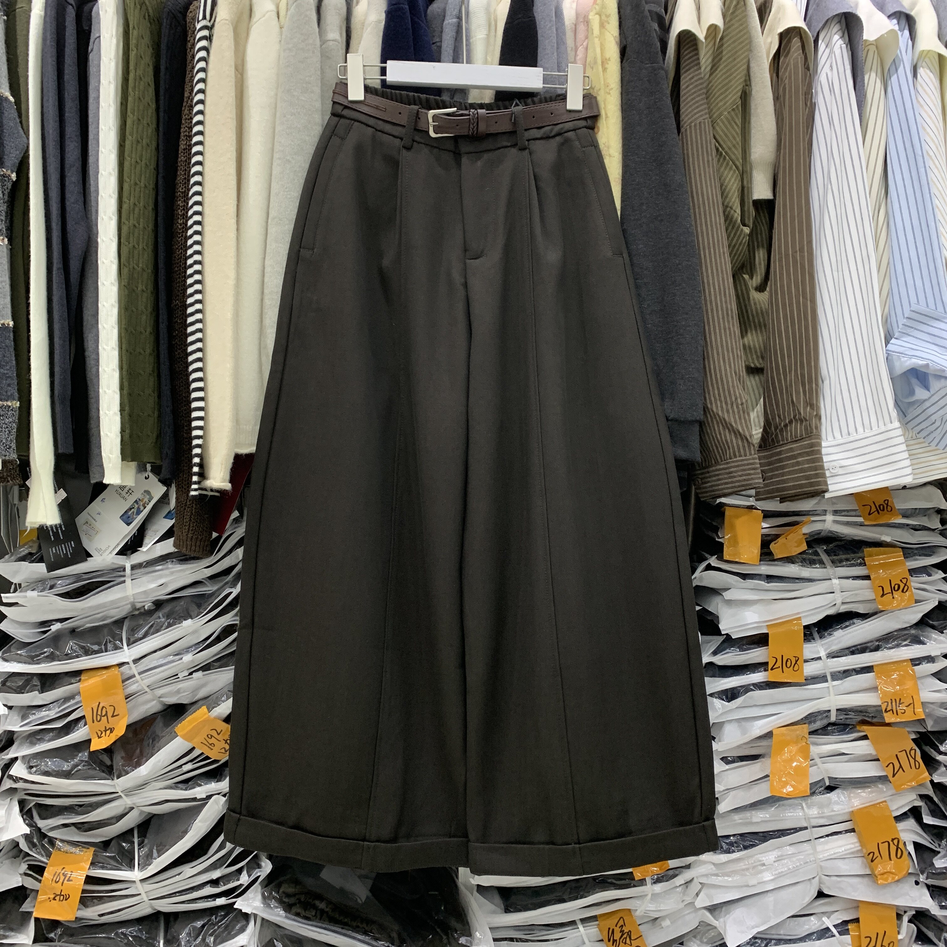 韩范儿5635秋季新后松紧高腰显瘦腰带卷边休闲裤女直筒阔腿九分裤