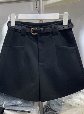 芊编依格9103时尚前口袋毛呢A字裤女秋冬季新款高腰休闲阔腿短裤