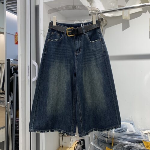 恒木子2256欧货2026夏季复古深蓝色七分牛仔直筒阔腿裤女宽松中裤