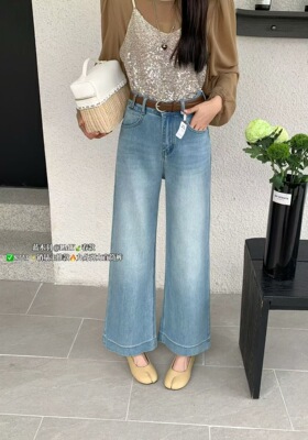 LMY蓝木羽8223春夏新高腰显瘦弹力牛仔裤女窄版九分阔腿裤奶奶裤