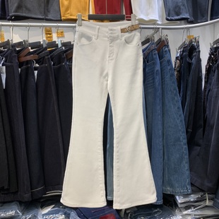 高腰显瘦喇叭裤 新款 子 女冬季 木羽坊851H加绒加厚米白色微喇牛仔裤