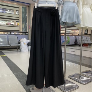 堂熙泉A8015韩版抽绳阔腿立体花朵西装阔腿裤女春显瘦百搭长裤