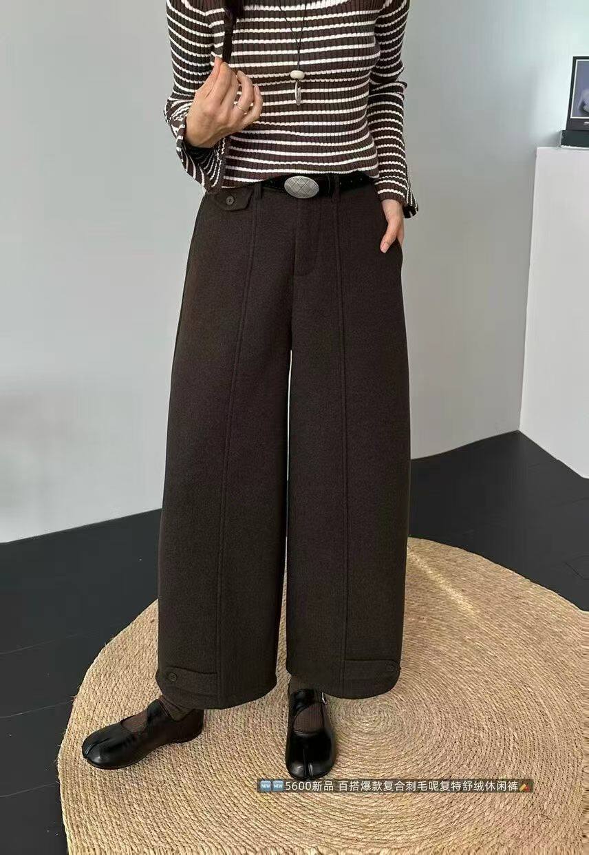 韩佰莉5600欧货冬高腰宽松显瘦加绒九分毛呢裤女小个子弯刀休闲裤