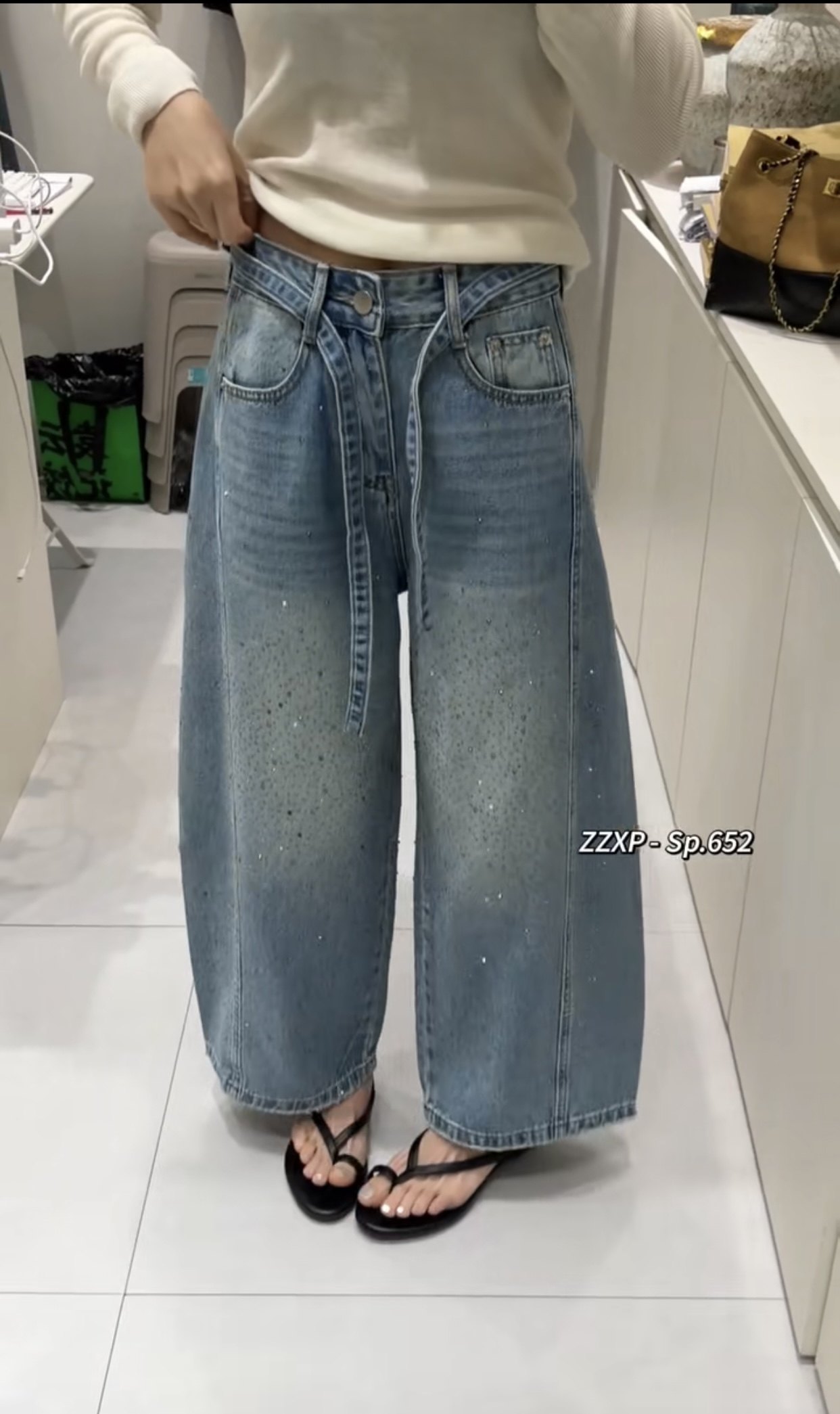 贞子小铺652欧货春烫钻满天星宽松显瘦小个子九分牛仔阔腿弯刀裤
