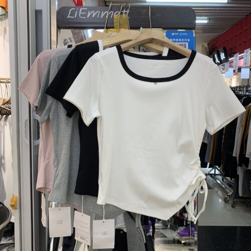 XDY仙碟缘设计感侧抽绳短袖T恤女夏季修身显瘦短款鱼拼色上衣小衫