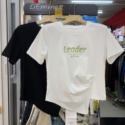 XDY仙碟缘春夏新款时尚不规则短袖T恤女圆领收腰显瘦字母短款上衣