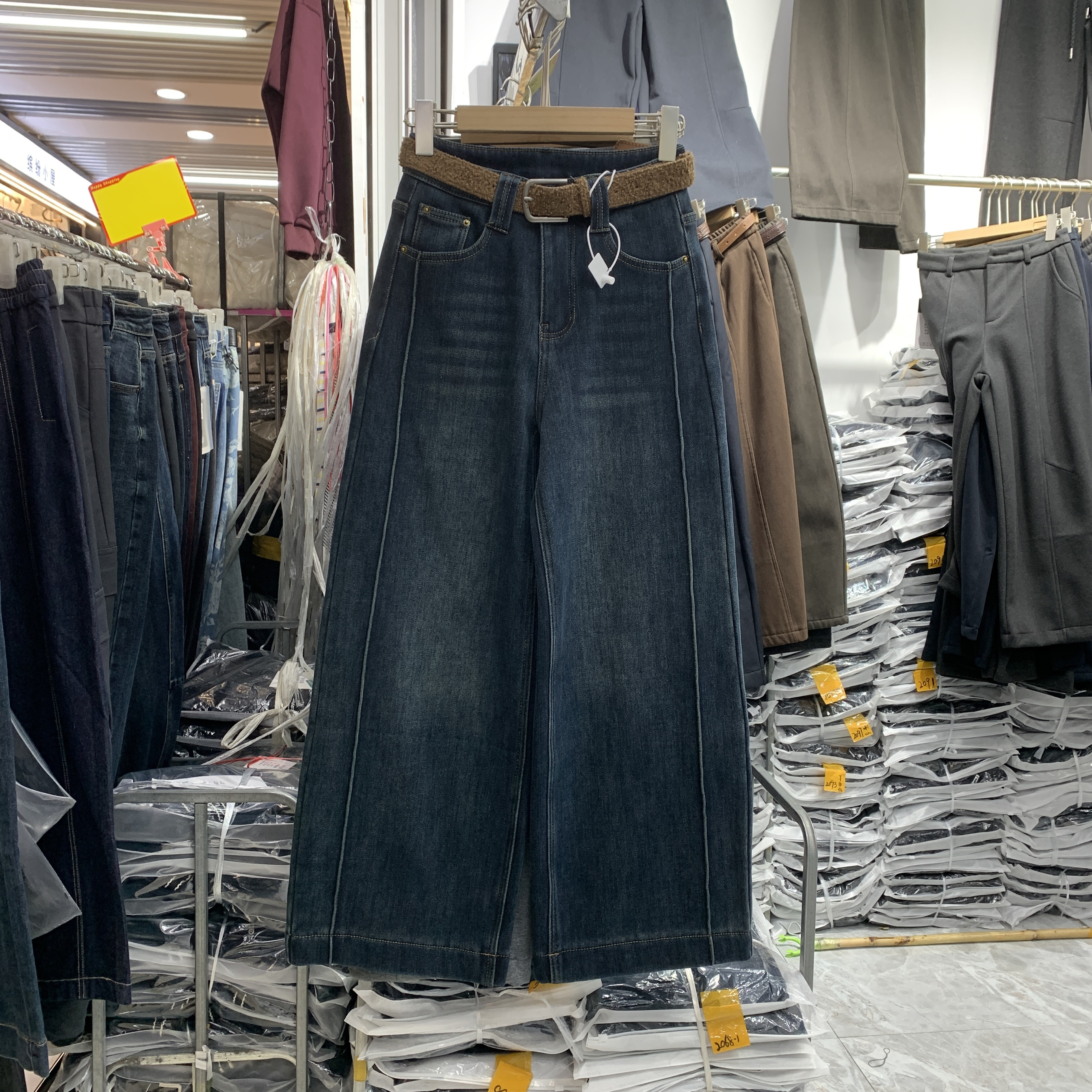 梦佳瑶5806立体压线加绒加厚九分直筒裤女冬款韩版窄版阔腿牛仔裤