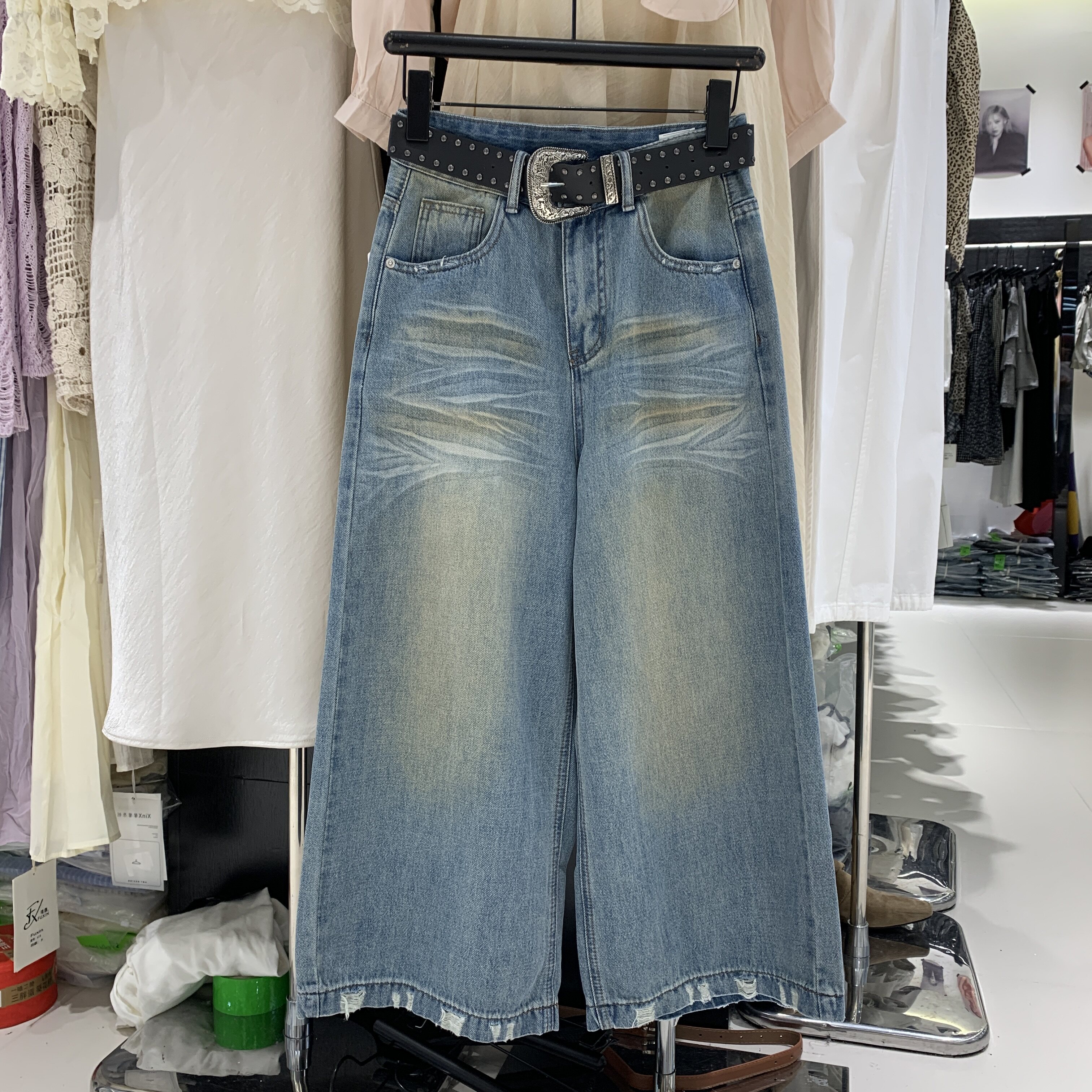 BUBBLEFISH587春夏款复古磨破做旧无弹宽松七分牛仔直筒阔腿裤