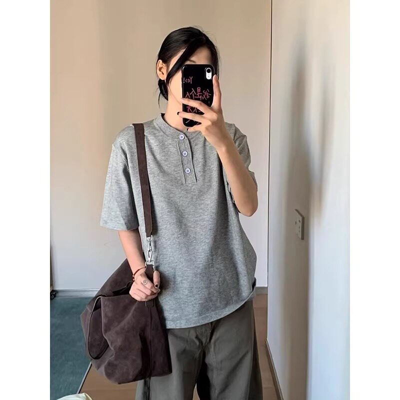 灰色亨利领针织短袖男款夏季美式复古polo衫t恤cleanfit亨利衫