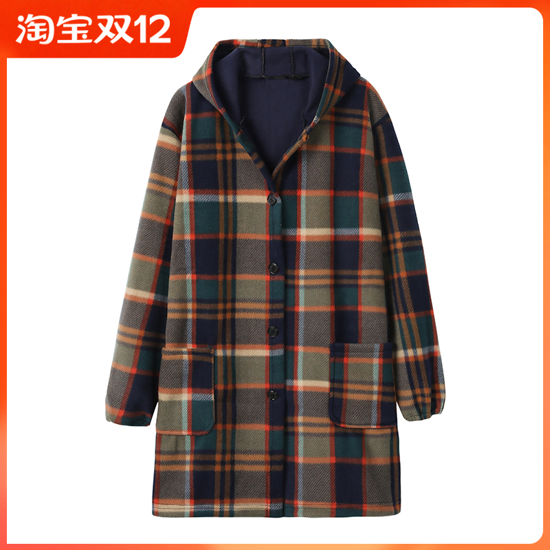 格子连帽风衣加绒厚秋冬季妈妈装