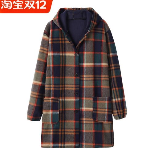 格子连帽风衣加绒厚秋冬季妈妈装