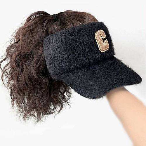 帽子假发一体女秋冬新款卷发马尾空顶鸭舌帽时尚保暖妈妈款假发帽