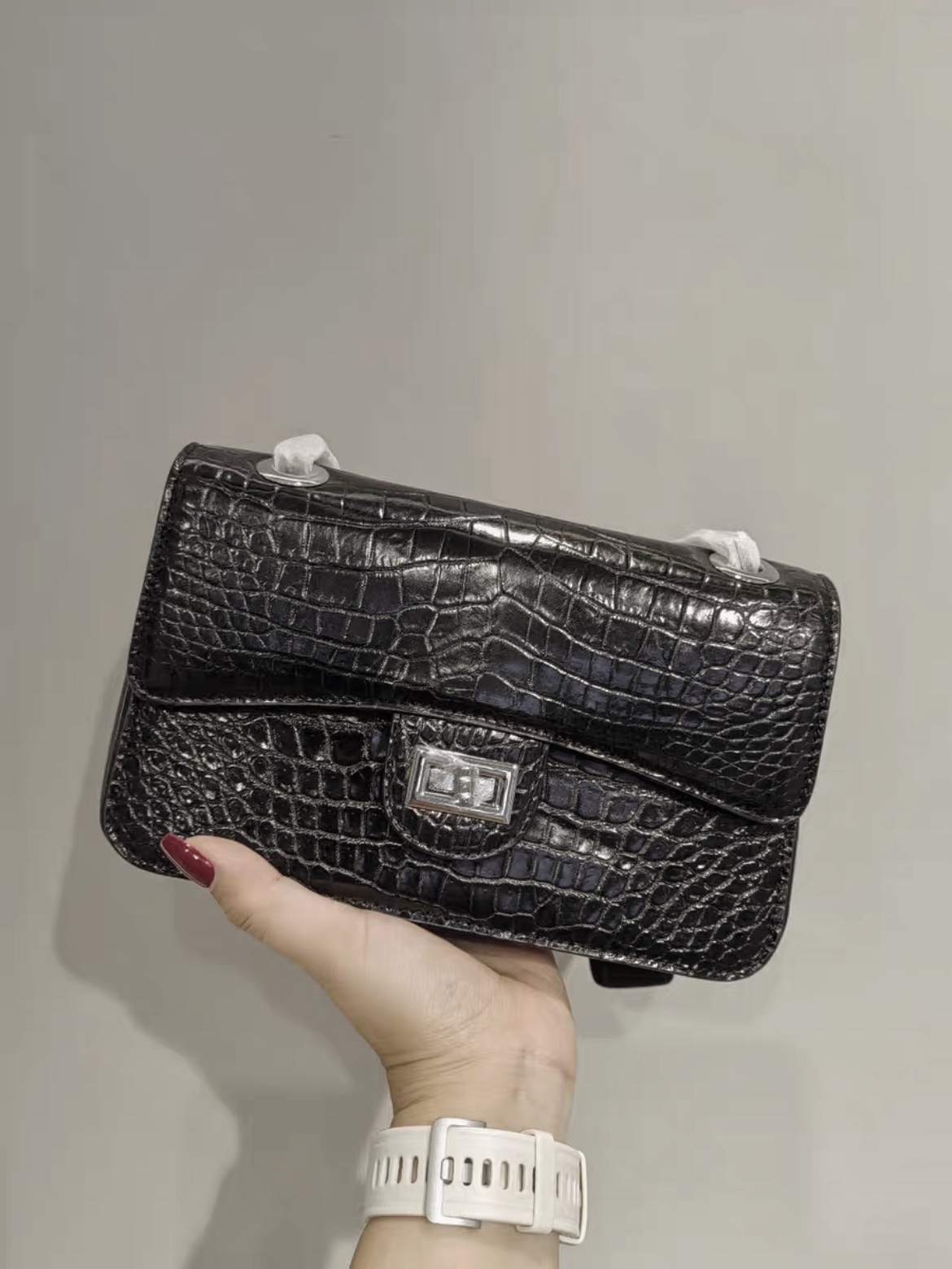 尾单鳄鱼皮女包时尚潮流女士腋下包轻奢真皮小方包单肩斜挎链条包