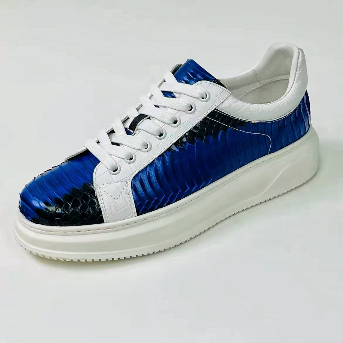 电光蓝蛇皮厚底板鞋男士真皮拼色潮鞋稀有皮饼干鞋轻奢休闲运动鞋