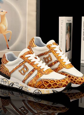 蜜蜡黄鳄鱼皮阿甘鞋独家手工擦色真皮涂鸦底网鞋夏季轻奢休闲鞋男