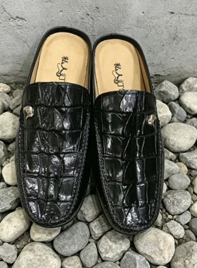 鳄鱼皮拖鞋稀有皮穆勒拖鞋男士高奢英伦风内增高包头拖侧边拼牛皮